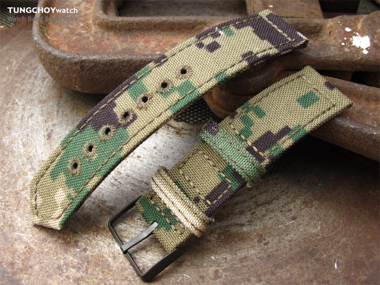 20mm, 21mm or 22mm MiLTAT WW2 2-piece Woodland Camouflage Cordura 1000D Watch Band with lockstitch round hole, PVD Black