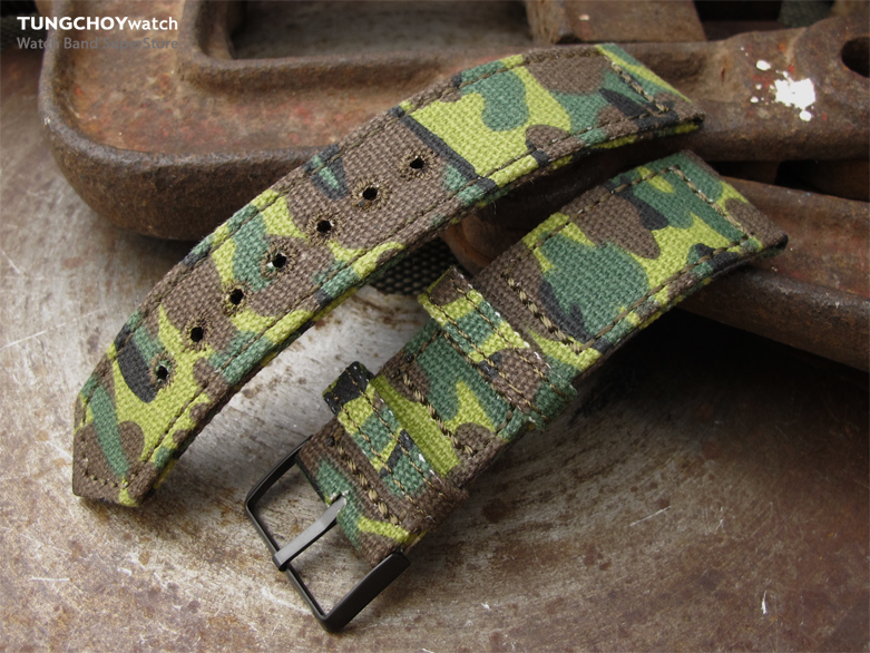 20mm, 21mm or 22mm MiLTAT WW2 2-piece ERDL Camouflage Canvas Watch Band with lockstitch round hole, PVD Black