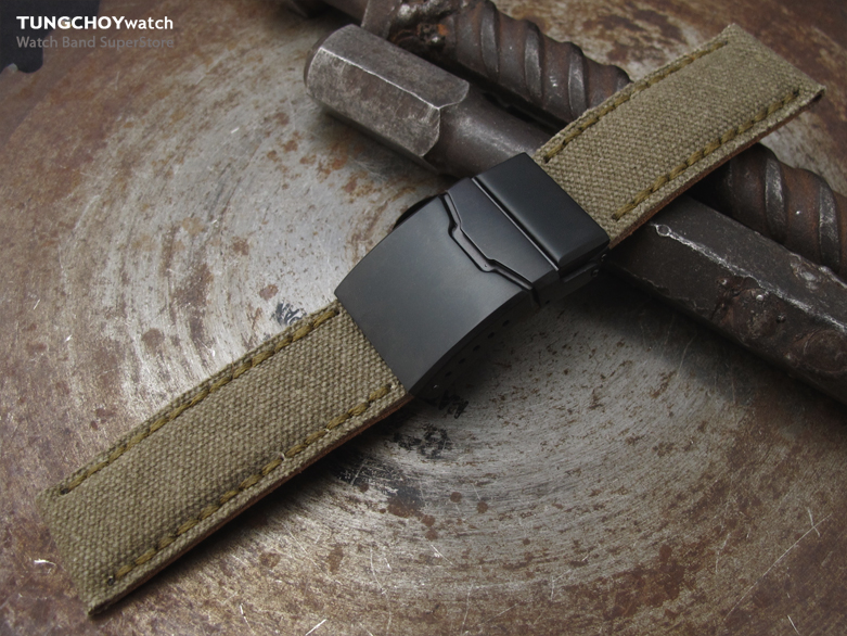 22mm, 24mm MiLTAT Military Green Washed Canvas Watch Band with Green Wax Stitching, PVD Black Chamfer Diver Clasp