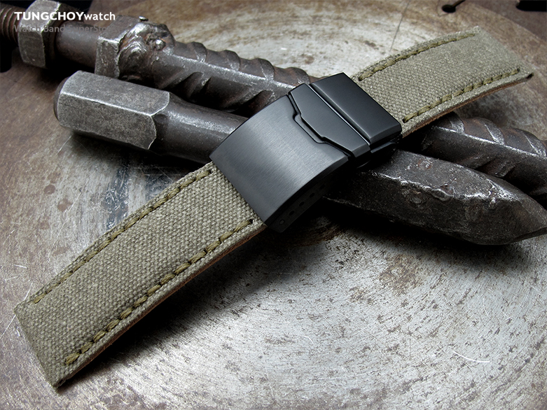 22mm MiLTAT Military Green Washed Canvas Watch Band with Green Wax Stitching, Brushed Button Chamfer Clasp