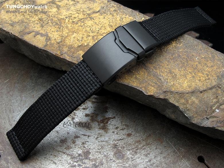 22mm MiLTAT 3D Nylon Black Watch Strap, PVD Black Chamfer Clasp with Button