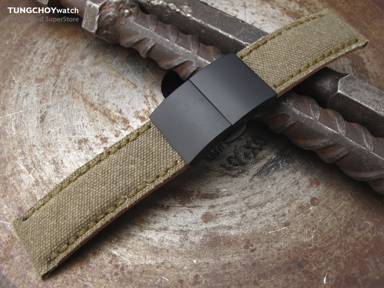 22mm, 24mm MiLTAT Military Green Washed Canvas Watch Band with Green Wax Stitching, PVD Black Dome Deployant Clasp