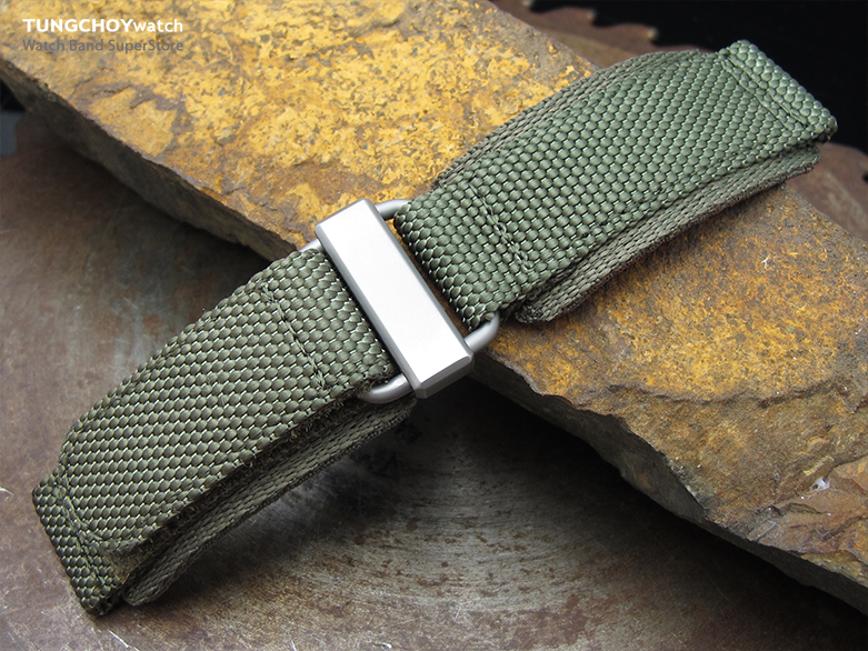 22mm MiLTAT Honeycomb Military Green Nylon Hook and Loop Fastener Watch Strap, Brushed Stainless Buckle