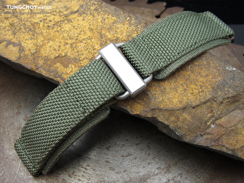 22mm MiLTAT Honeycomb Military Green Nylon Hook and Loop Fastener Watch Strap, Brushed Stainless Buckle, XL