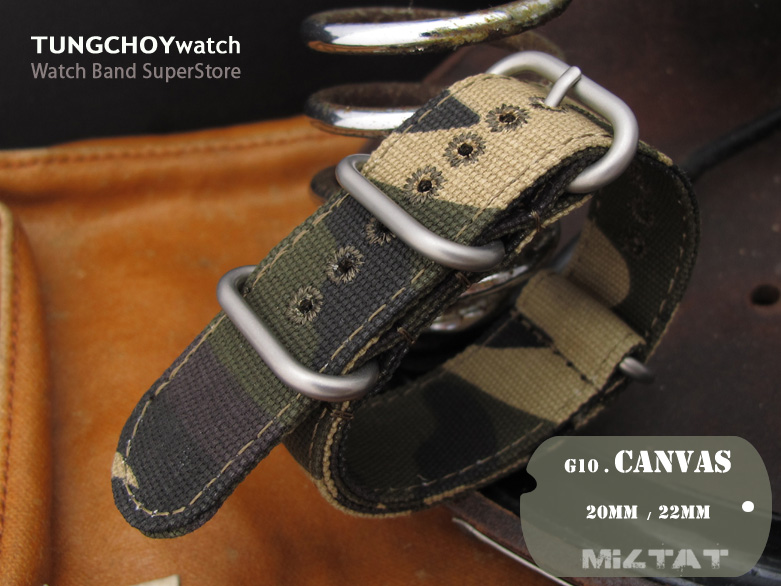 22mm MiLTAT Canvas G10 military watch strap, military color with lockstitch round hole, Camo