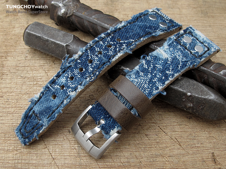 22mm MiLTAT Heavy Distressed Blue Denim Watch Strap, Rivet Military strap