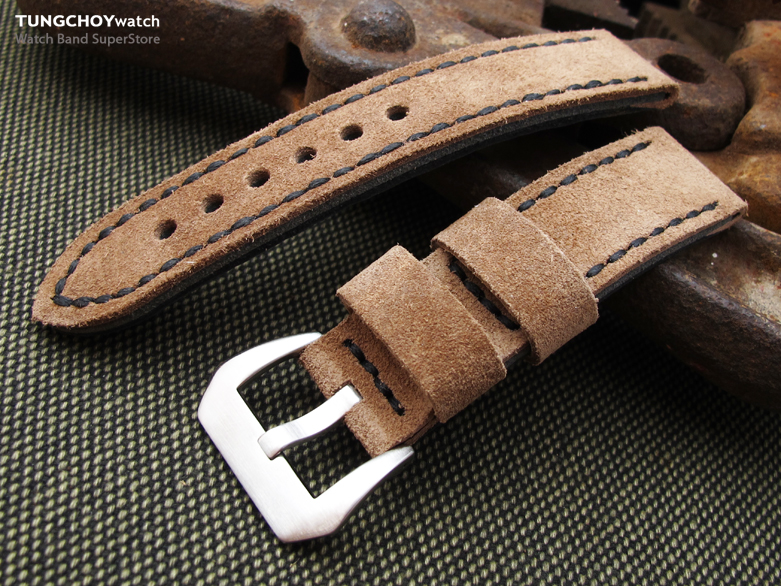 22mm MiLTAT Sandy Brown Nubuck Leather Watch Band, Black Stitching XL