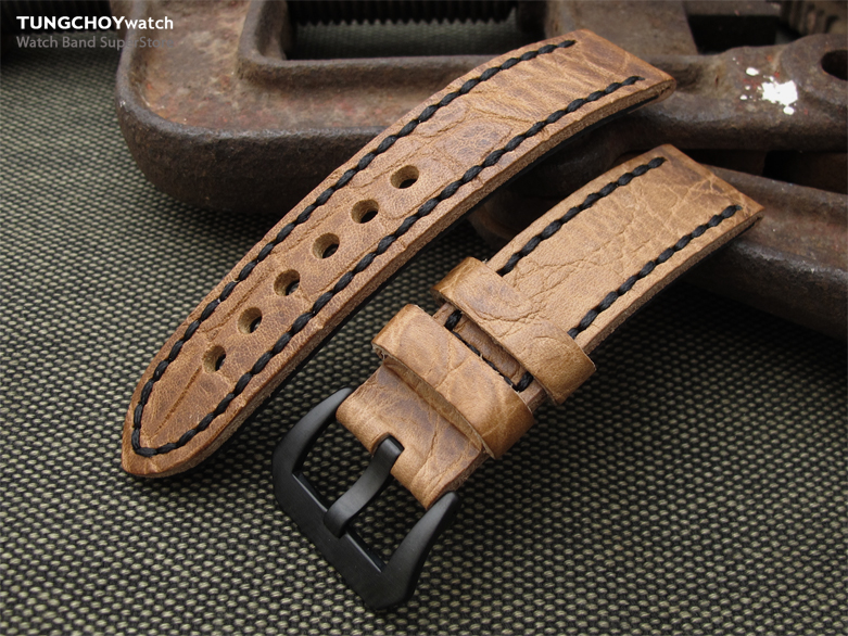 20, 21, 22mm CrocoCalf (Croco Grain) Honey Brown Watch Strap with Black Stitches, PVD