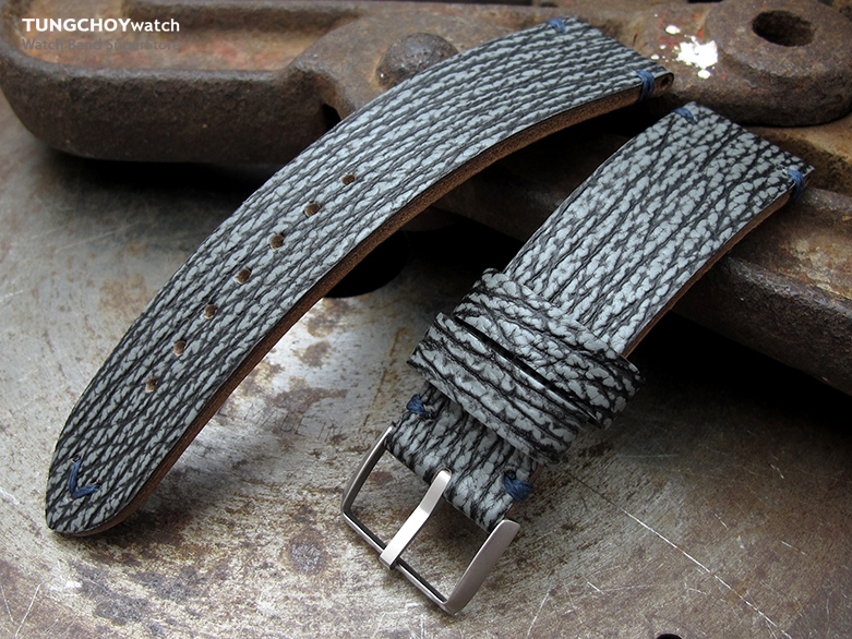 20mm, 22mm MiLTAT Genuine Shark Leather Watch Strap, Greyish Blue, Blue Stitching