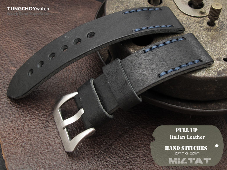 20mm MiLTAT Pull Up Leather Black Watch Strap, Navy Hand Stitches