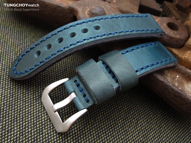 22mm MiLTAT Pull Up Aniline Navy Italian Leather Watch Strap, Blue Hand Stitch XL