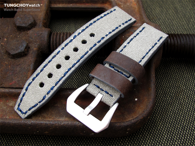 22mm MiLTAT Military Grey Leather Washed Canvas Ammo Watch Strap in Blue Stitches