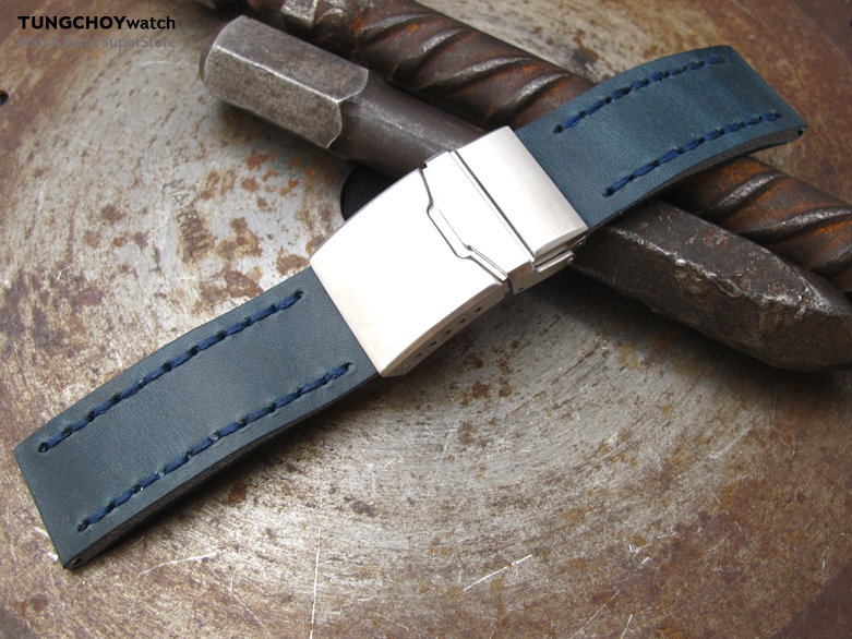 22mm MiLTAT Pull Up Aniline Blue Italian Leather Watch Strap, Blue Wax Hand Stitch, Brushed Chamfer Diver Clasp