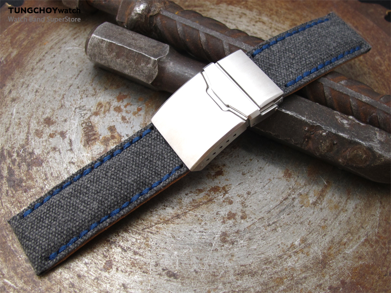 22mm, 24mm MiLTAT Black Washed Canvas Watch Band with Blue Wax Stitching, Brushed Chamfer Diver Clasp