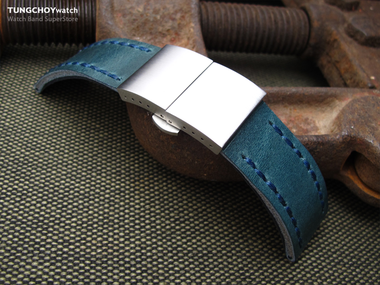 22mm MiLTAT Pull Up Aniline Blue Italian Leather Watch Strap, Blue Wax Hand Stitch, Brushed Dome Deployant Clasp