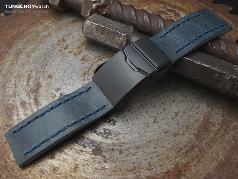 22mm MiLTAT Pull Up Aniline Blue Italian Leather Watch Strap, Blue Wax Hand Stitch, PVD Chamfer Diver Clasp