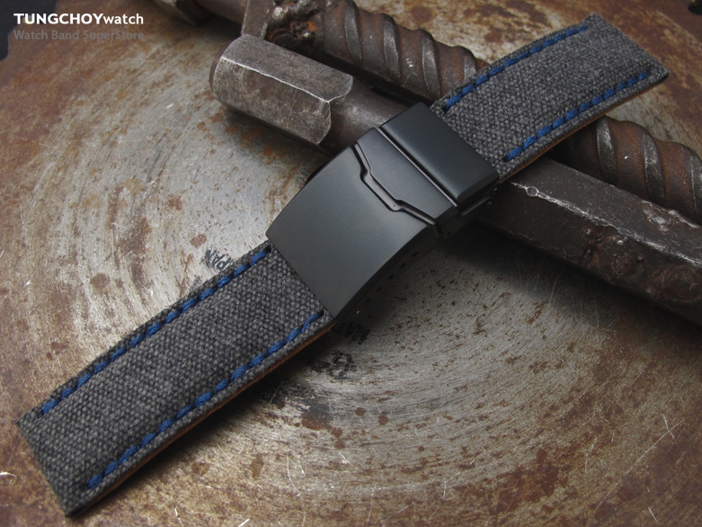 22mm, 24mm MiLTAT Black Washed Canvas Watch Band with Blue Wax Stitching, PVD Black Chamfer Diver Clasp