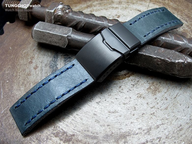 22mm MiLTAT Pull Up Aniline Blue Italian Leather Watch Strap, Blue Wax Hand Stitch, Brushed Button Chamfer Clasp