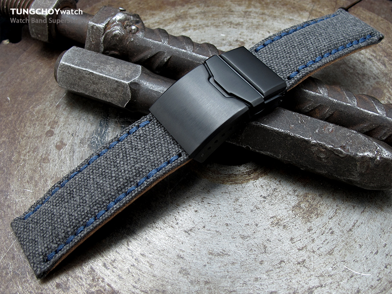 22mm MiLTAT Black Washed Canvas Watch Band with Blue Wax Stitching, Brushed Button Chamfer Clasp