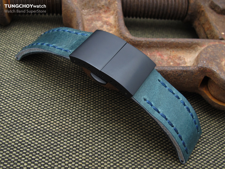 22mm MiLTAT Pull Up Aniline Blue Italian Leather Watch Strap, Blue Wax Hand Stitch, PVD Black Dome Deployant Clasp