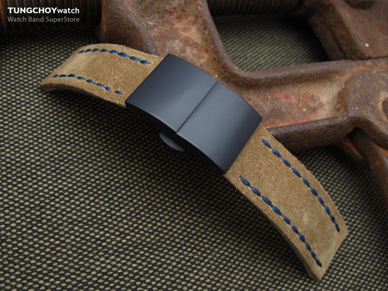 22mm MiLTAT Brown Nubuck Leather Watch Strap, Blue Wax Hand Stitch, PVD Black Dome Deployant Clasp