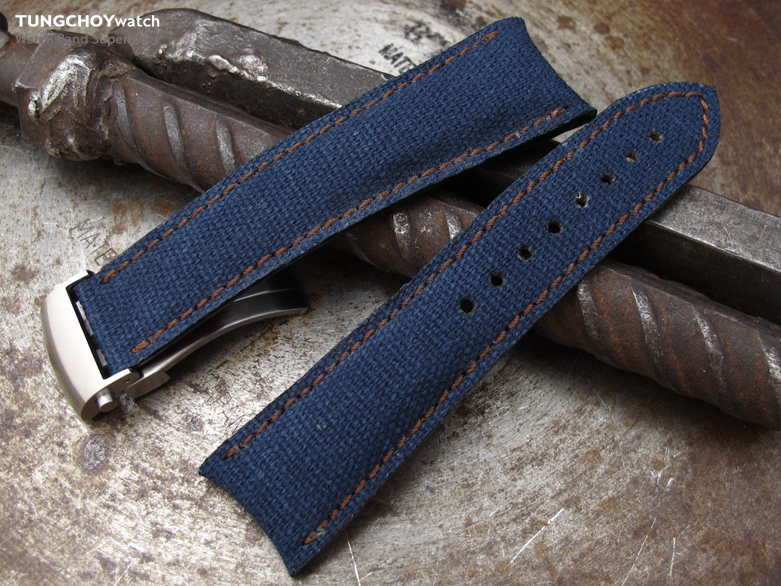 20mm, 21mm , 22mm MiLTAT Navy Blue Washed Canvas Roller Deployant Watch Band, Golden Brown Stitching