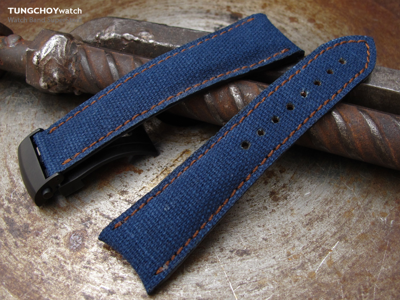 20mm, 21mm, 22mm MiLTAT Navy Blue Washed Canvas Roller Deployant Watch Band, Golden Brown Stitching, PVD