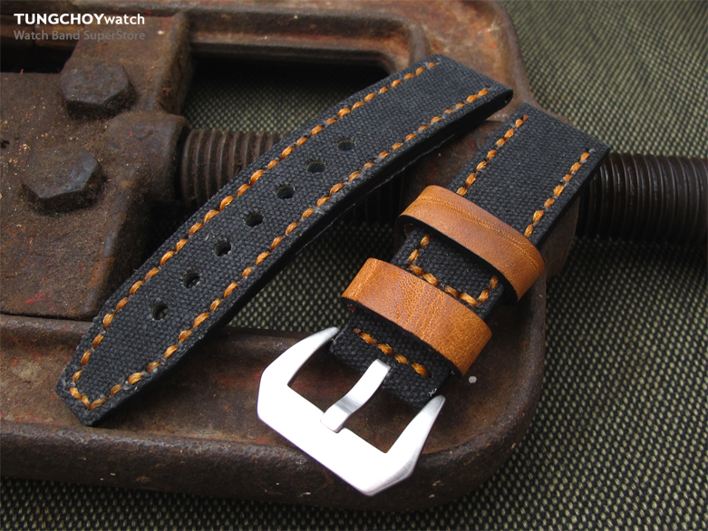 22mm MiLTAT Black Leather Washed Canvas Ammo Watch Strap in Golden Brown Stitches