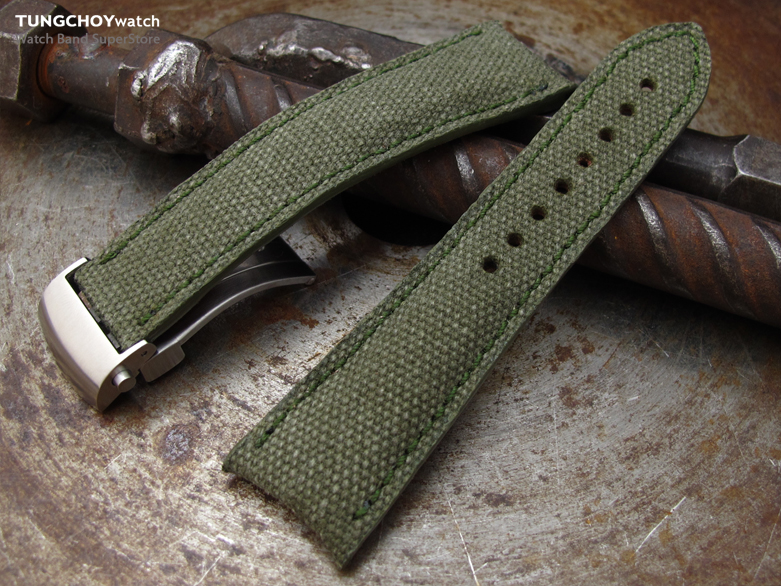 20mm, 21mm, 22mm MiLTAT Military Green Washed Canvas Roller Deployant Watch Band, Green Stitching