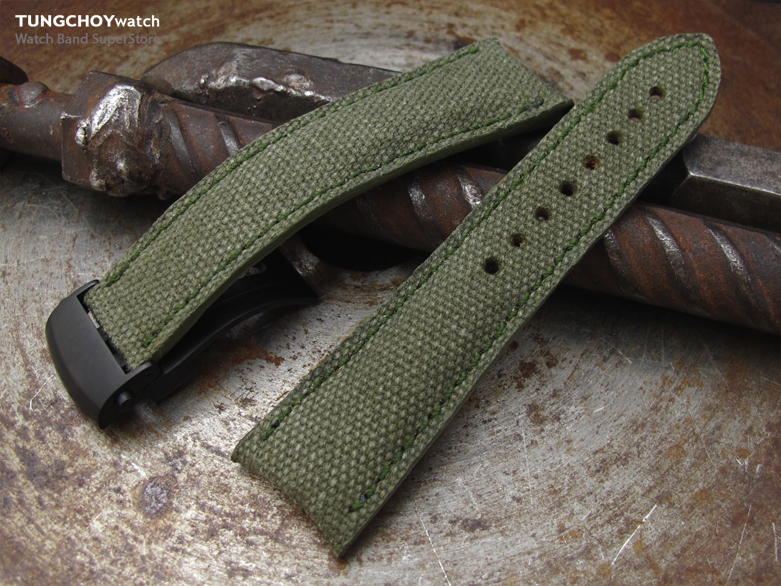 20mm, 22mm MiLTAT Military Green Washed Canvas Roller Deployant Watch Band, Green Stitching, PVD