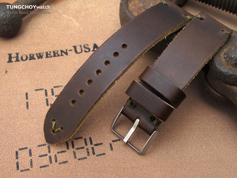 20mm, 22mm MiLTAT Horween Chromexcel Watch Strap, Matte Brown, Military Green Stitching