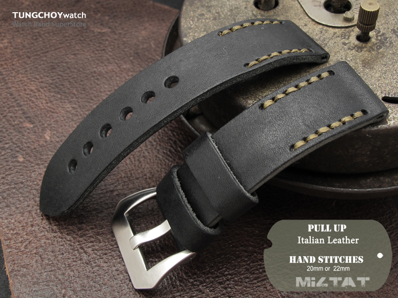 22mm MiLTAT Pull Up Leather Black Watch Strap, Military Green Hand Stitches