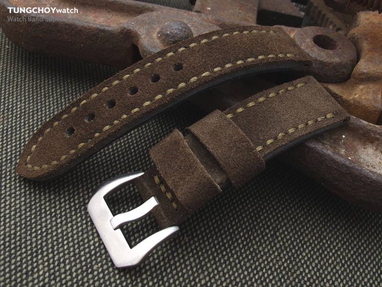 22mm MiLTAT Dark Brown Nubuck Leather Watch Band, Olive Green Stitching XL