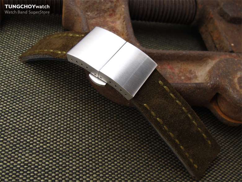 22mm MiLTAT Dark Brown Nubuck Leather Watch Strap, Green Wax Hand Stitch, Brushed Dome Deployant Clasp