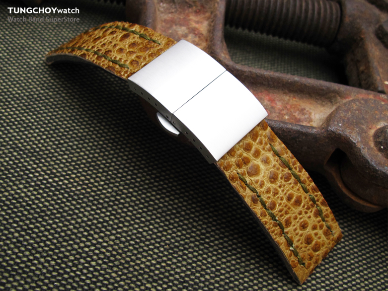 22mm MiLTAT Sandy Brown Genuine Toad Watch Band, Green Wax Hand Stitch, Brushed Dome Deployant Clasp