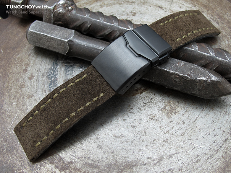 22mm MiLTAT Dark Brown Nubuck Leather Watch Strap, Green Wax Hand Stitch, Brushed Button Chamfer Clasp