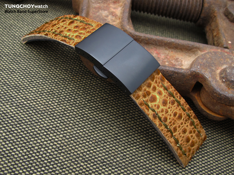 22mm MiLTAT Sandy Brown Genuine Toad Watch Band, Olive Green Wax Stitching, PVD Black Dome Deployant Clasp