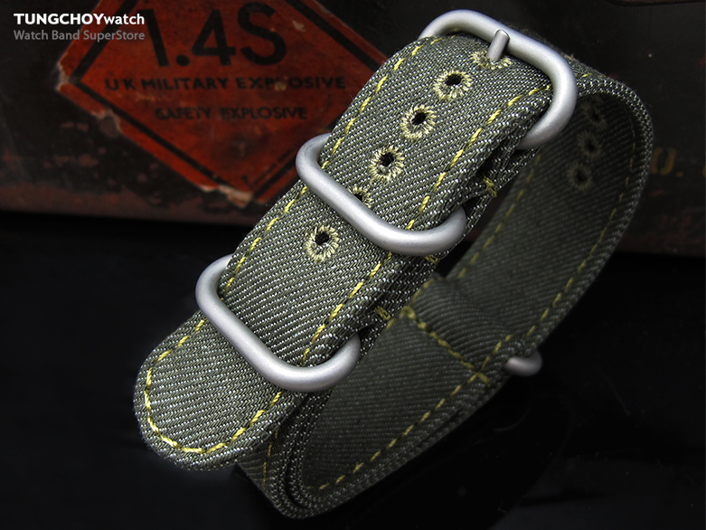MiLTAT 22mm Washed Canvas Zulu Military Green Double Thickness Watch Strap, Lockstitch Hole, Green Stitches