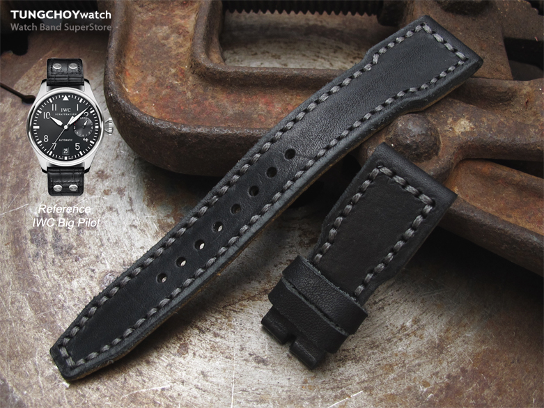 22mm MiLTAT Pull Up Leather Black IWC Big Pilot replacement Strap, Grey Wax Hand Stitching