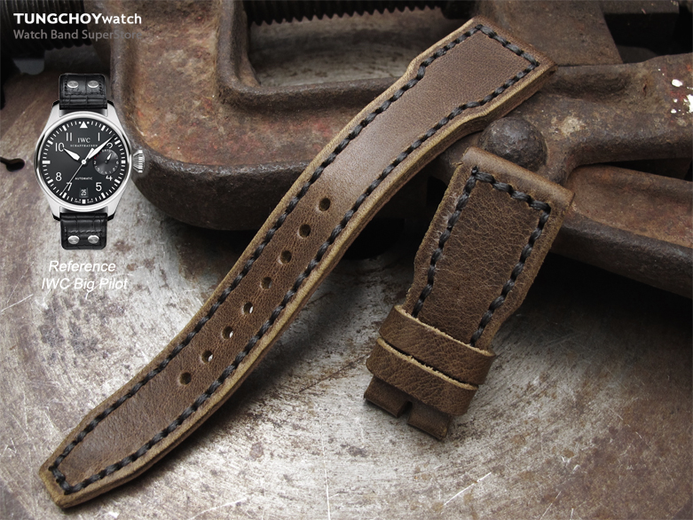 22mm MiLTAT Pull Up Leather Chestnut Brown IWC Big Pilot replacement Strap, Charcoal Grey Wax Hand Stitching