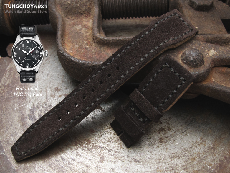 22mm MiLTAT Genuine Suede Dark Brown IWC Big Pilot replacement Strap, Charcoal Grey Wax Hand Stitching