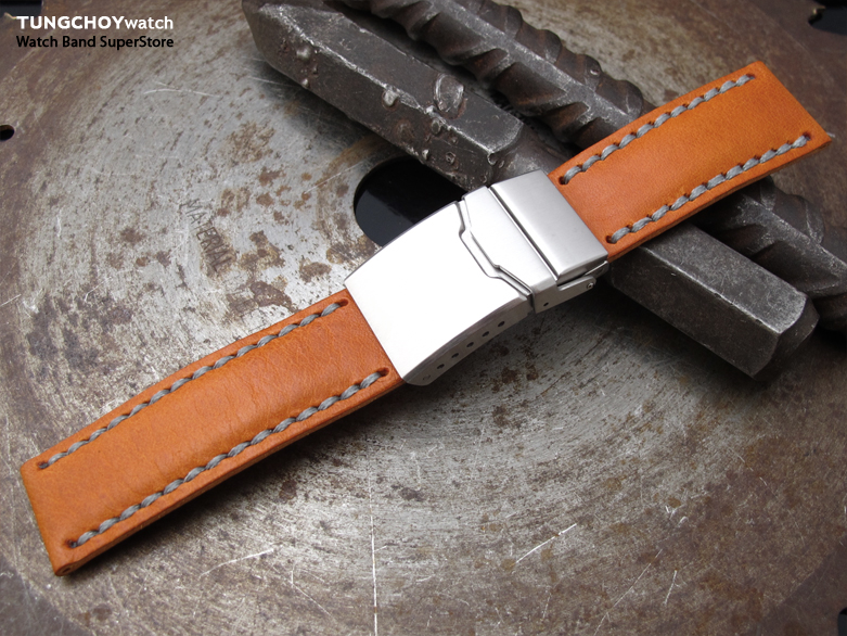 MiLTAT Pull Up Leather Orange Watch Strap, Military Grey Wax Hand Stitching, Chamfer Diver Clasp
