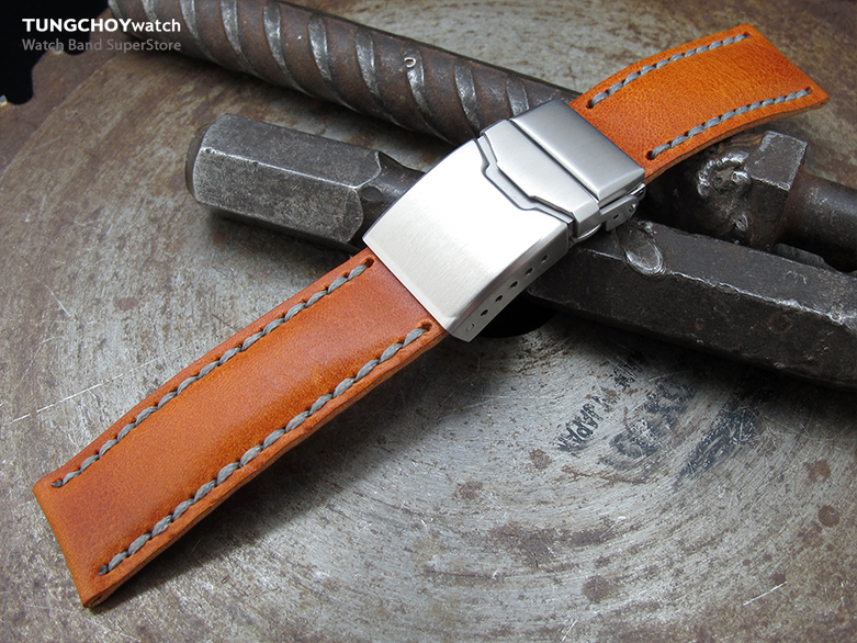 20mm MiLTAT Pull Up Leather Orange Watch Strap, Military Grey Wax Hand Stitching, Button Chamfer Clasp