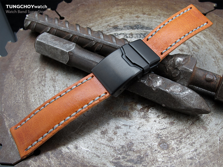 20mm MiLTAT Pull Up Leather Orange Watch Strap, Military Grey Wax Hand Stitching, Button Chamfer Clasp, PVD Black