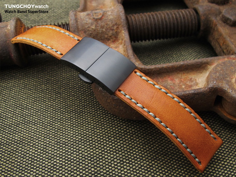 21,22,23mm MiLTAT Pull Up Leather Orange Watch Strap, Military Grey Wax Hand Stitching, PVD Dome Deployant Clasp