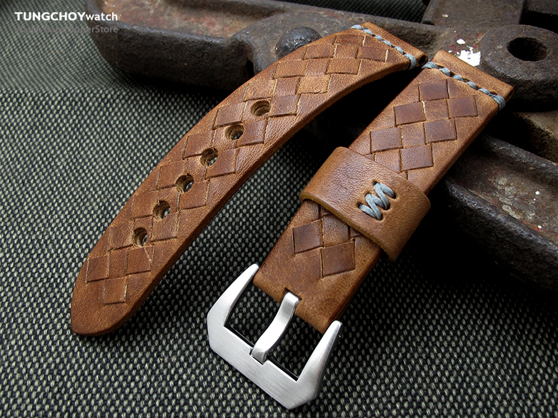 MiLTAT Zizz Collection 22mm Braided Calf Leather Watch Strap, Tawny Brown, Grey Stitches