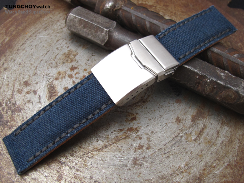 22mm, 24mm MiLTAT Navy Blue Washed Canvas Watch Band with Dark Grey Wax Stitching, Brushed Chamfer Diver Clasp