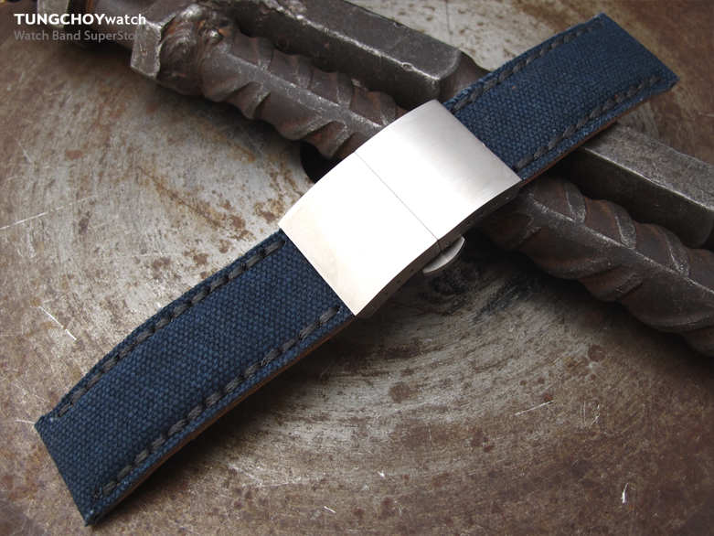 22mm, 24mm MiLTAT Navy Blue Washed Canvas Watch Band with Dark Grey Wax Stitching, Brushed Dome Deployant Clasp