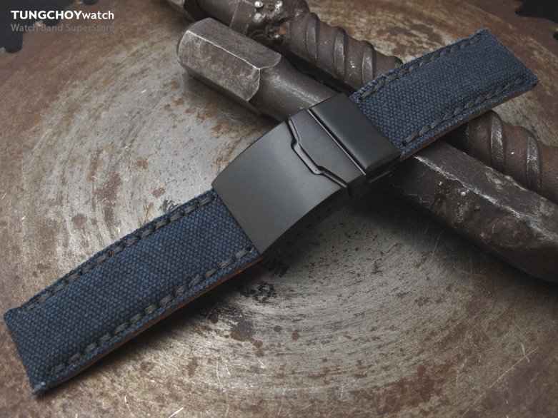 22mm, 24mm MiLTAT Navy Blue Washed Canvas Watch Band with Dark Grey Wax Stitching, PVD Black Chamfer Diver Clasp
