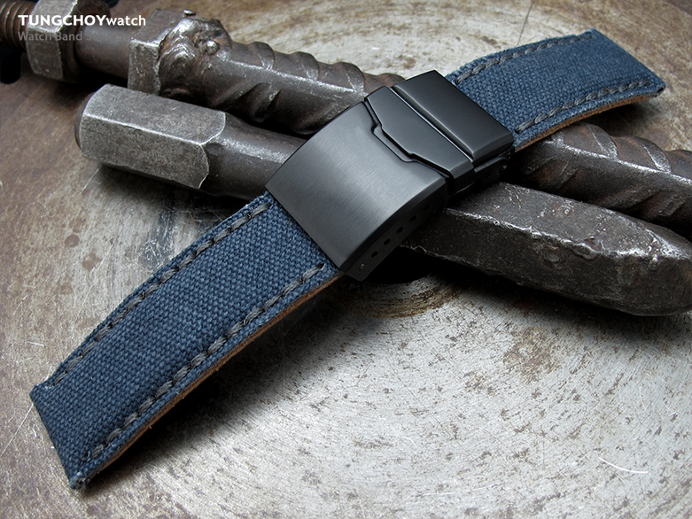 22mm MiLTAT Navy Blue Washed Canvas Watch Band with Dark Grey Wax Stitching, Brushed Button Chamfer Clasp